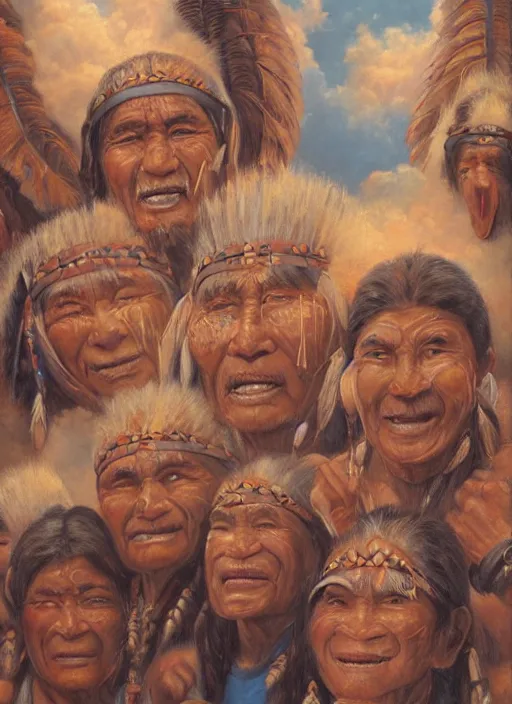 Prompt: faces of indigenous amazonian grandfathers and grandmothers spirits in the clouds, smiling, protection, benevolence, ancestors, detailed faces, hindouist art, religious painting, art by christophe vacher