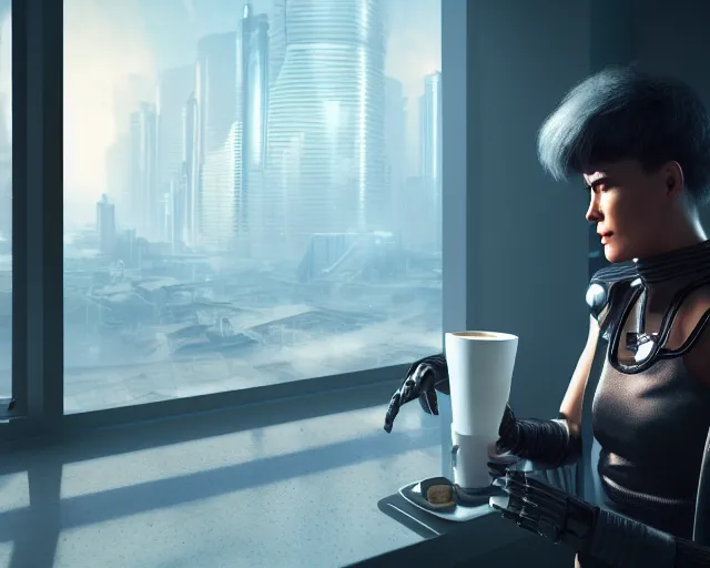 Image similar to a terminator cyborg lady with borg implants and optical fibers is drinking coffee near a window with dystopian city visible outside. very detailed 8 k. cyberpunk style. unreal engine render. global illumination. nanite. rtx. path tracing.