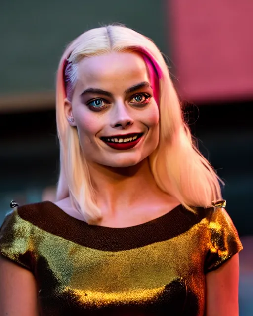 Image similar to 3 5 mm photo of elegant suicide squad margot robbie that looks like harley quinn, long blonde hair and big eyes, beautiful smile, finely detailed perfect face, standing on the wet street at sunset, ambient golden hour sunset lighting,