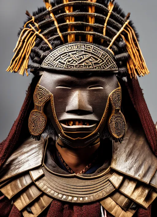 Image similar to tai warlord closeup portrait, historical ethnic group, traditional tai costume, bronze headset, leather armor, fantasy, intricate with dong son bronze artifacts