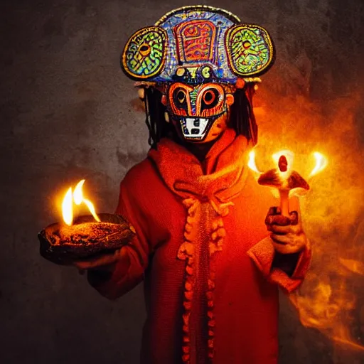 Image similar to an aztec monk with a monster mask is holding mushrooms in one hand, fire as the light source, close-up photography, dramatic scene