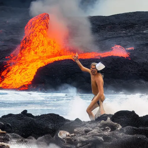 Prompt: man in a swimsuit surfing on flowing lava in a volcano with magma eruptions, steam and smoke from smoldering rocks