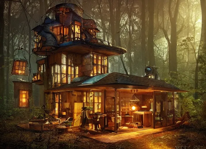 Prompt: cosy house in a clearing in the middle of a large forest, beautifully lit, retro science fiction vintage art, steampunk