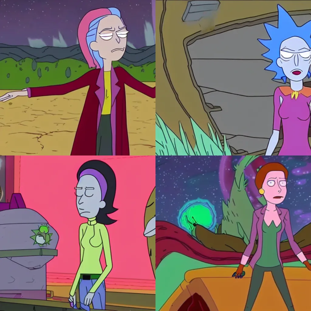 Prompt: still of Scarlet Witche's appearance on Rick & Morty's newest episode