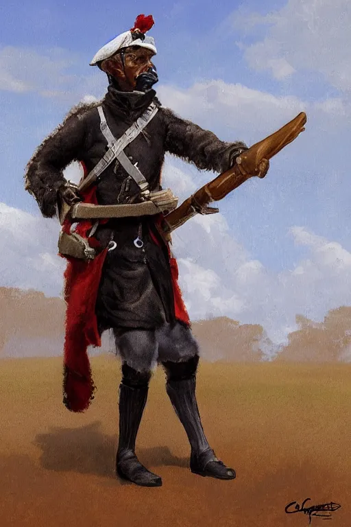 Image similar to Anthro llama colonial era soldier by Craig Mullins and Carl Brenders