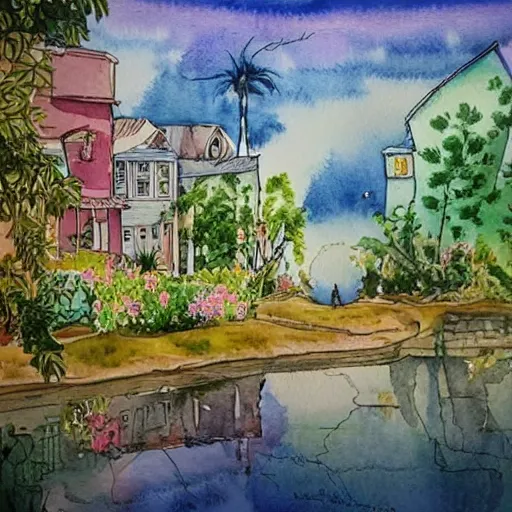 Image similar to Beautiful happy picturesque charming sci-fi town in harmony with nature. Beautiful light. Water and plants. Nice colour scheme, soft warm colour. Beautiful artistic watercolor by Lurid. (2022)