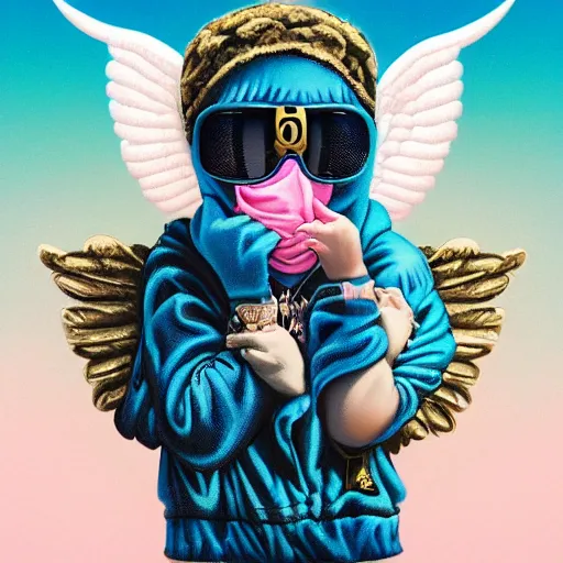 Image similar to Lofi vaporwave portrait baby cherub angel, ski mask, balaclava, face covered, Gucci, Nike, Chanel, multiple gold chains, Pixar style, Tristan Eaton, Stanley Artgerm, Tom Bagshaw