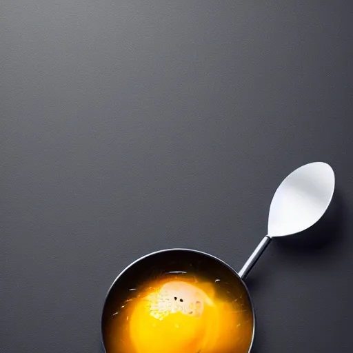 Image similar to a egg with yolk in a soup ladle, product render, octane, v ray, realistic