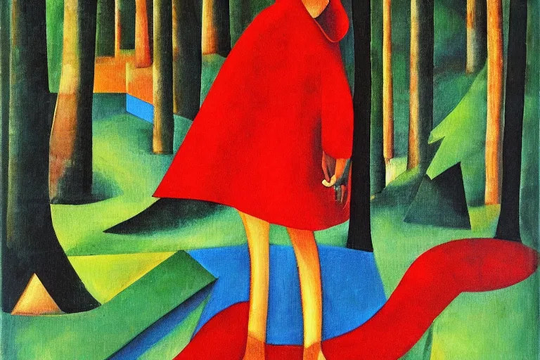 Image similar to little red riding hood walking in the forest, cubism style, painting