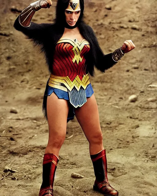 Image similar to A chimpanzee wearing a Wonder Woman outfit, photographed in the style of Annie Leibovitz, hyperreal
