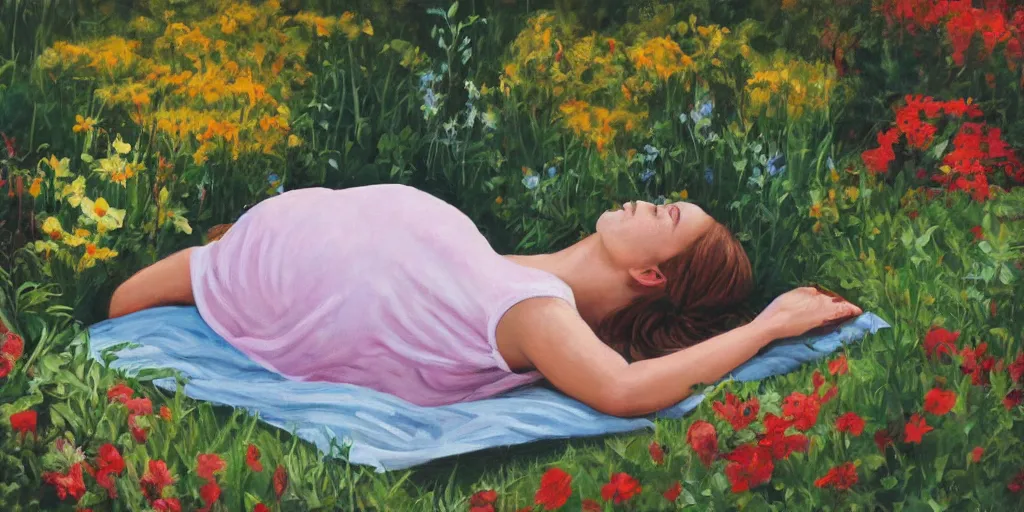 Prompt: painting of woman in fetal position lying down in garden