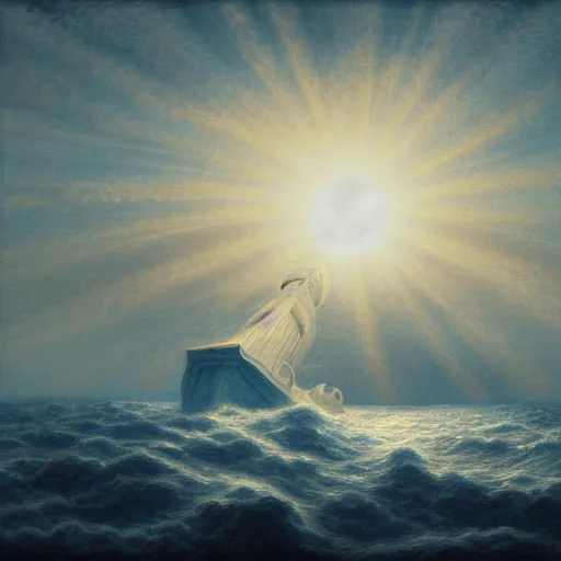 Prompt: a floating ship like noah's ark in the sky, the scene has a deep blue sky with a bright sun and fluffy clouds, in the sytle of gustave dore, rendered in octane, rendered in unreal