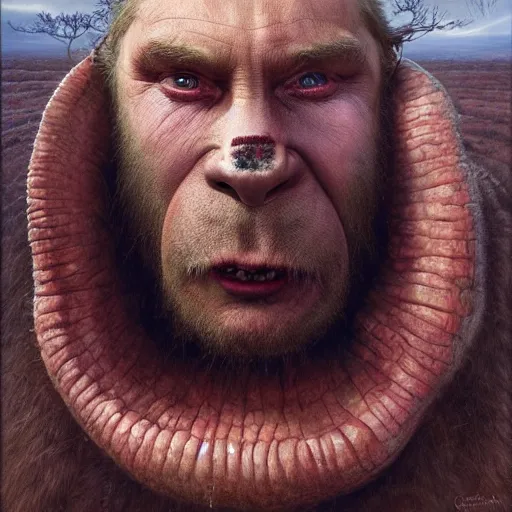 Image similar to vladimir putin, putin is bald caveman, awe face, toothless, saw teeth, reptile eyes, peeling skin, horror macabre face, clown nose, by donato giancola and greg rutkowski and wayne barlow and zdzisław beksinski, realistic face, digital art