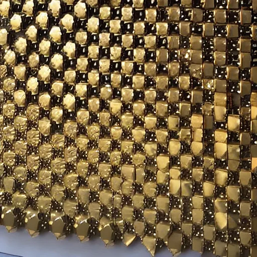 Prompt: a wall made of geometric gold pieces overlaying each other. The wall is bordered by a copper tinted mirror.