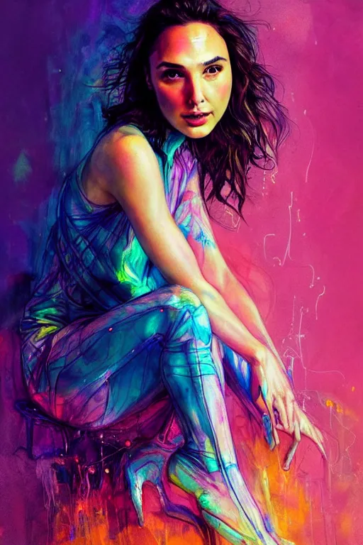 Image similar to gal gadot by agnes cecile enki bilal moebius, intricated details, sitting on a stool, full body portrait, extremely luminous bright design, pastel colours, drips, autumn lights