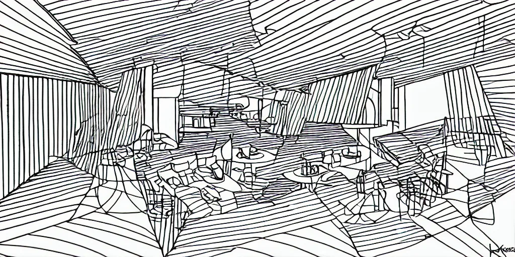 Image similar to modernist interior, seen from above, by René Laloux, line brush, minimal line drawing, full colour, coloured background