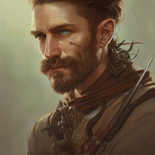 Image similar to portrait of a rugged male ranger, D&D, fantasy, intricate, elegant, highly detailed, digital painting, artstation, concept art, smooth, sharp focus, illustration, art by artgerm and greg rutkowski and alphonse mucha