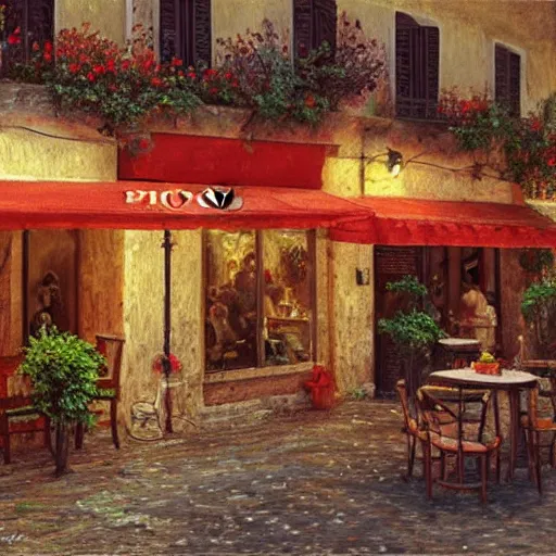 Image similar to a traditional pizzeria in the street of a small village on the riviera. a terrace in the shade of a hundred - year - old olive tree, a friendly atmosphere around pizzas and rose wine. dolce vita. unreal engine rendering, hyper realist, ultra detailed, oil painting, warm colors, happy, impressionism, da vinci,