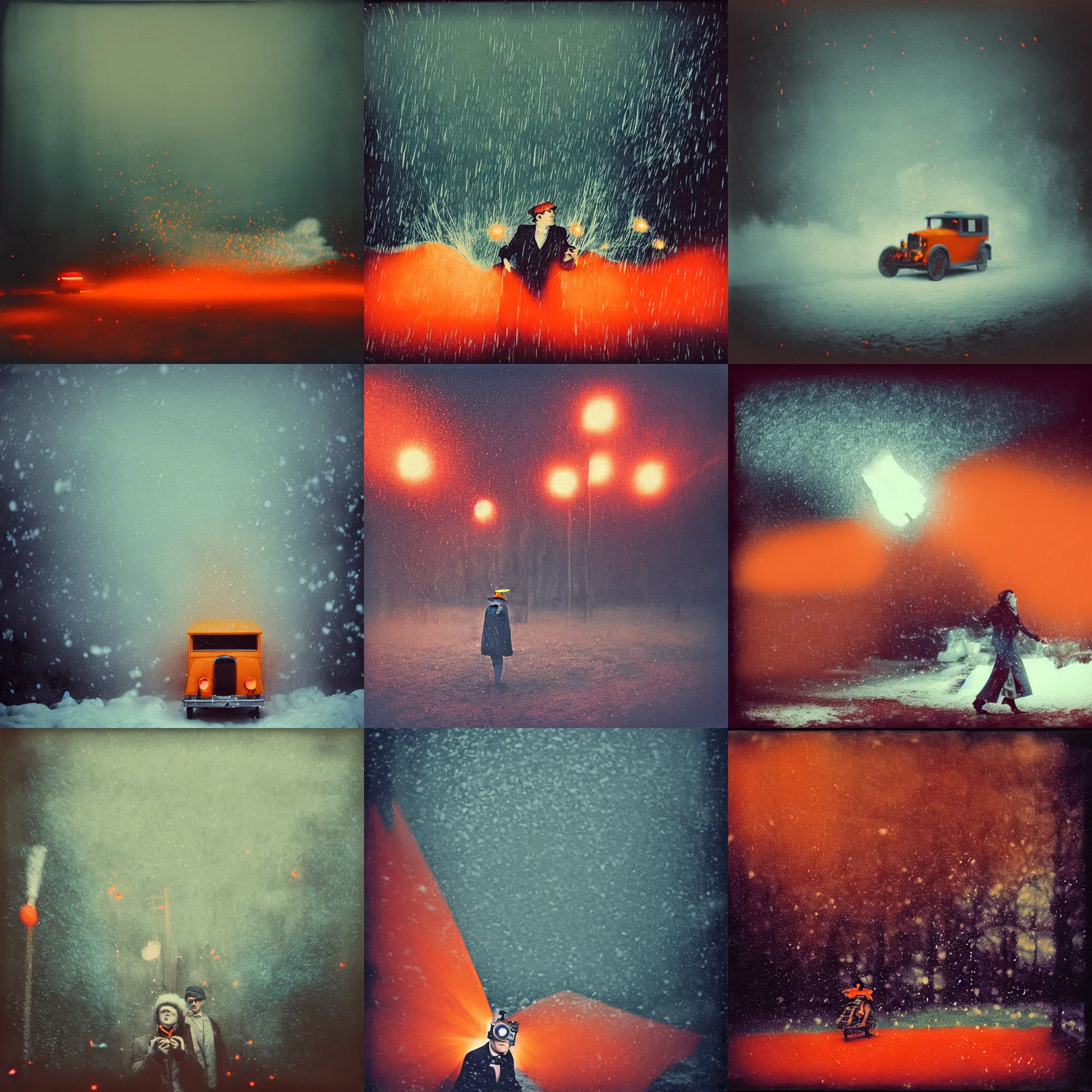 Prompt: kodak portra 4 0 0, wetplate, winter, muted colours, blueberry and orange and teal, movie clockwerk orange, 1 9 2 0 s style, motion blur, portrait photo of a backdrop, explosions, rockets, bombs, sparkling, snow, fog, by georges melies and by britt marling
