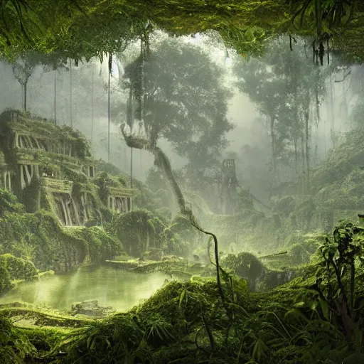 Prompt: A lost city in the jungle, with vines and moss covering the ruins, mysterious,enigmatic, Unreal Engine, 4k, by Iain McCaig and Jan toorop