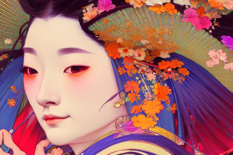 Prompt: close up portrait shot of a beautiful geisha wearing flowing colourful clothes, alphonse mucha, rhads, ross tran, artstation, artgerm, octane render, 1 6 k