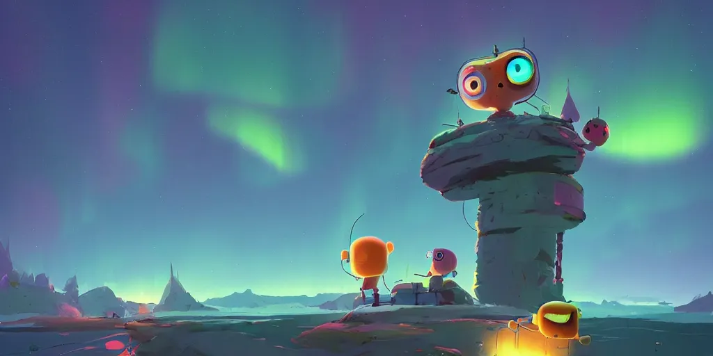 Image similar to cute monsters and Aurora borealis by Goro Fujita and Simon Stalenhag and Pixar and Ralph Steadman, 8k, trending on artstation, hyper detailed, cinematic