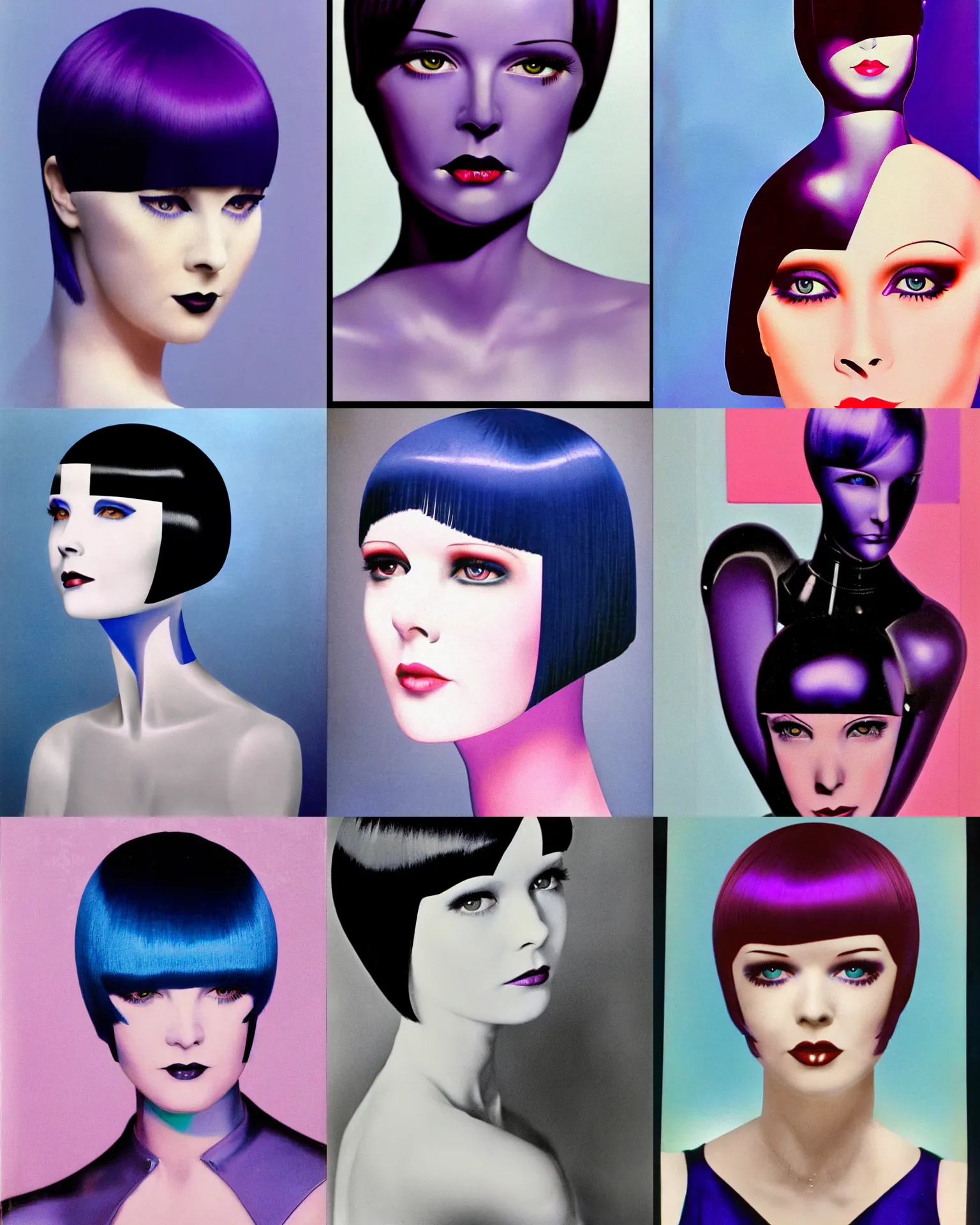Prompt: mary louise brooks, half robot, 1 9 8 0 s airbrush, blue rim lighting, geometric makeup, purple shiny bob haircut