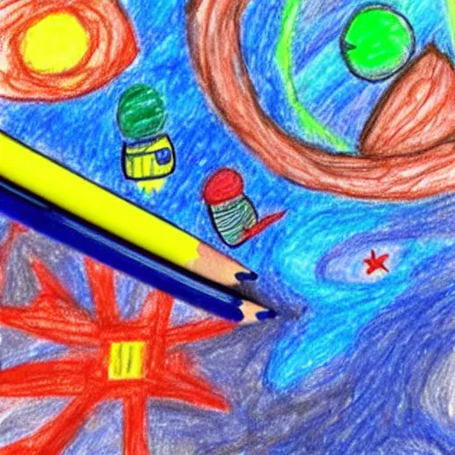 Prompt: a child's drawing of a space battle in crayon