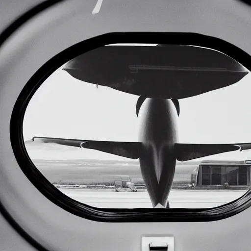 Image similar to an airplane with a tiny whale pilot, the whale is in the airplane cabin, the whale head can be seen through the window by people outside the airplane, the whale can be seeing inside the front of the plane, the command pilot is a whale, the whale is behind the window, the photo is taken outside the plane