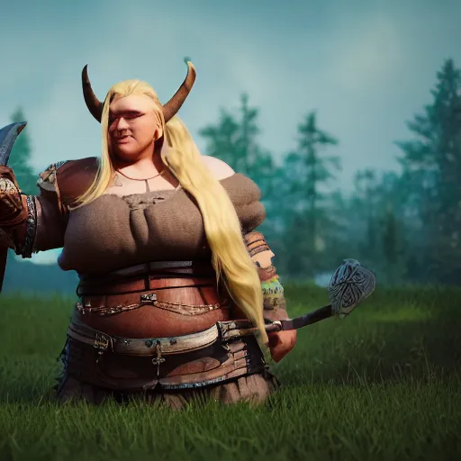 Image similar to a handsome corpulent viking girl with blond hair, clash royal style characters, unreal engine 5, octane render, detailed, cinematografic, cinema 4 d