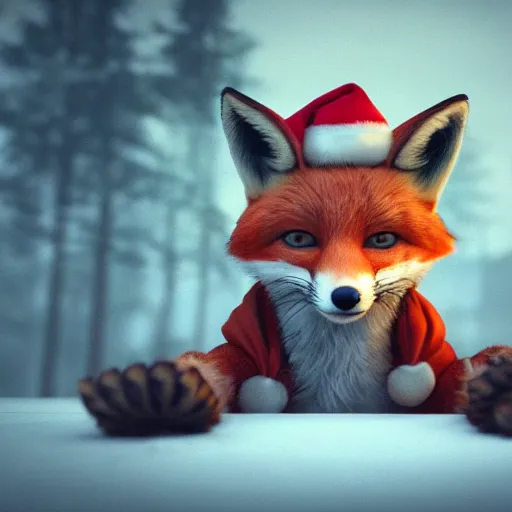 Prompt: cute fox, wearing santa hat, realistic cinematic lighting, establishing action shot, ultra detailed, hyper realism, photo, octane render, 8k, comedy, trending on artstation, set in ww2 germany