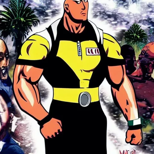 Prompt: dwayne the rock johnson cosplaying as saitama of one punch man