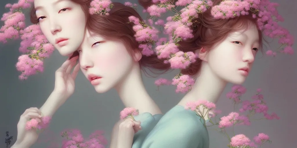 Image similar to breathtaking delicate many detailed concept art with flowers and girls, by hsiao - ron cheng, bizarre compositions, exquisite detail, pastel colors, 8 k