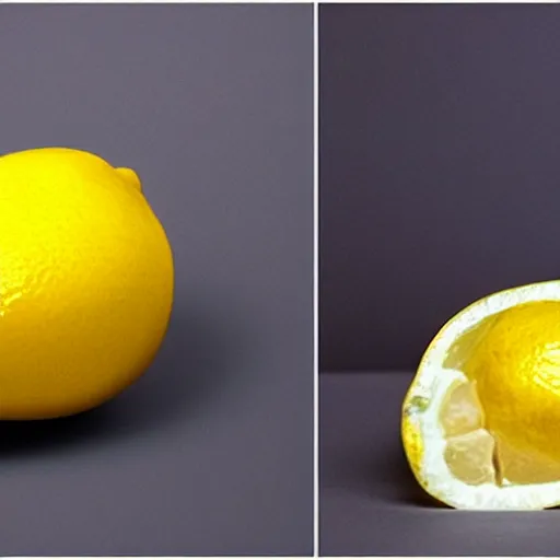 Prompt: a realistic lemon, cut in half. the lemon is creepy, smiling, sharp teeth.