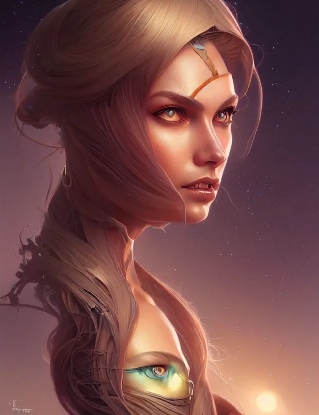 Image similar to futuristic woman portrait, sci-fi, amber eyes, face, long hair, fantasy, intricate, elegant, highly detailed, digital painting, artstation, concept art, smooth, sharp focus, illustration, art by artgerm and greg rutkowski and alphonse mucha