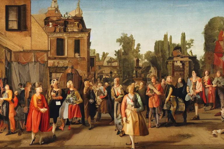 Image similar to people visiting art market in the future, botticeli style, renaissance