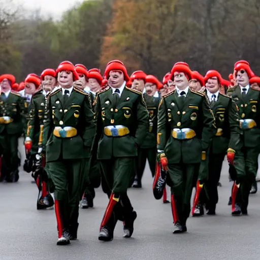 Prompt: a parade of the german army, the army is wearing clown hats.