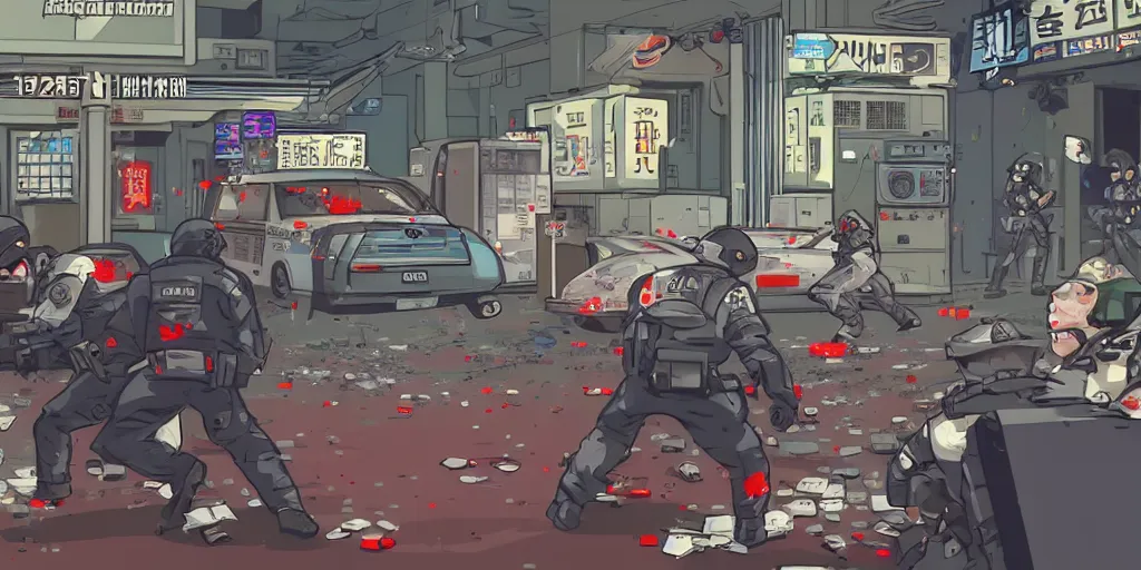 Image similar to 1991 Video Game Screenshot, Anime Neo-tokyo Cyborg bank robbers vs police, Set in Bank Vault Room, bags of money, Multiplayer set-piece, Police officers hit by bullets :9, Police Calling for back up, Bullet Holes and Blood Splatter, :3 ,Hostages, Smoke Grenades, Large Caliber Sniper Fire, Chaos, Cyberpunk, Money, Anime Bullet VFX, Machine Gun Fire, Violent Gun Action, Shootout :5 , Highly Detailed, 8k :4 by Katsuhiro Otomo + Studio Gainax : 8