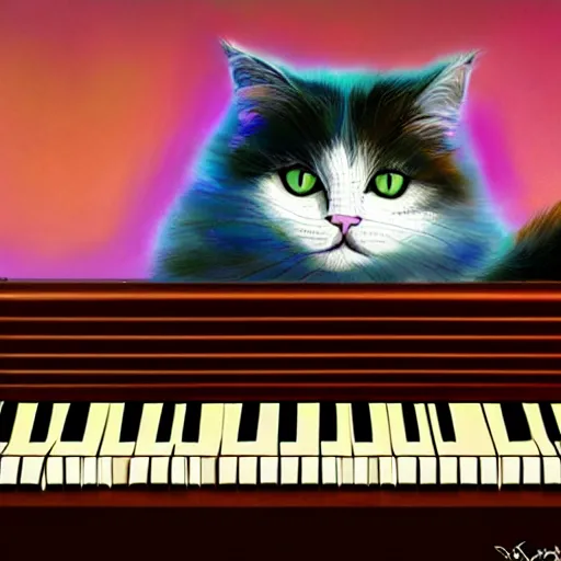 Image similar to an fluffy cat playing an piano, synthwave, digital art, oil painting, 3 d