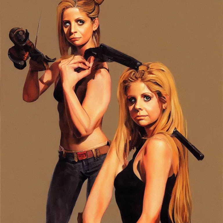 Prompt: A painting of Sarah Michelle Gellar as Buffy Summers by Frank Frazetta, clothed, beautiful, highly detailed, trending on Artstation