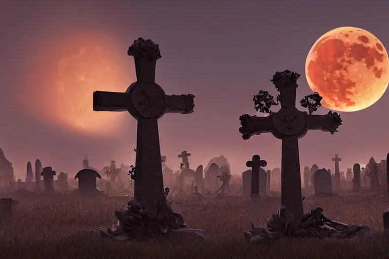 Image similar to an ultra detailed animation of a cross in a graveyard at midnight on halloween, digital art, dark fantasy, concept art, soulslike, by alphonse mucha, blood moon eclipse, ruined building in the background, artstation, 8 k, unreal engine render