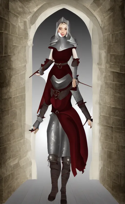 Image similar to medieval fantasy servant girl walking in castle hallway, about to enter doorframe, half turned around, full body, ultra realistic, digital art