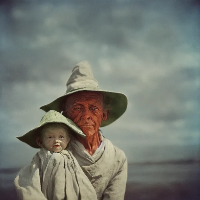 Prompt: kodak portra 4 0 0, wetplate, 1 9 3 0 s colour portrait of a yoda in a birthday hat by the sea on a sunny day, by saul leiter, insanely detailed, insanely intricate, depth of field, blueberry