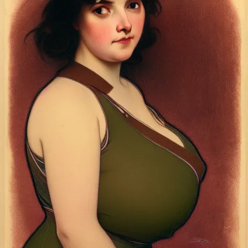 Image similar to A portrait of a plump woman, a cute art neuveau woman with straight brown hair in a Bob, no bangs, brown eyes, full face, olive skin, romanian heritage, medium shot, mid-shot, 8k, by mucha