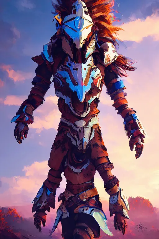 Image similar to combination suit armor aloy horizon forbidden west horizon zero dawn radiating a glowing aura global illumination ray tracing hdr fanart arstation by ian pesty and alena aenami artworks in 4 k tribal robot ninja mask helmet backpack