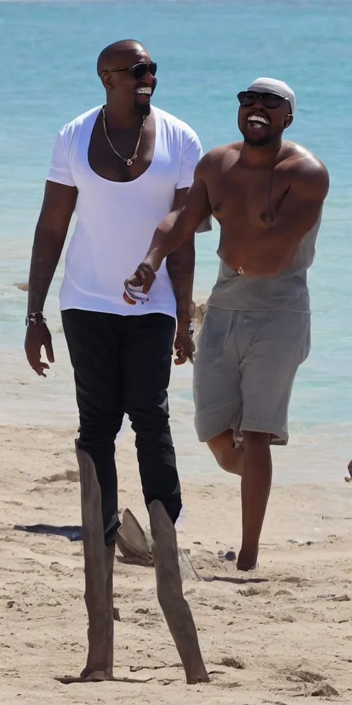 Image similar to elon musk and kanye west happy smiling laughing walking around the beach in aruba