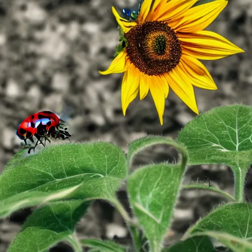 Image similar to Professional high quality award winning photo of a sunflower in clear sharp focus, it is very tall with its big bold bright yellow petals and dark green leaves. A ladybug is also in focus, its red and black colors contrast with the green of the leaf. 8K, 4K, 1/250 sec, f/11, ISO 200, 105mm, Tamron 70-300mm f/4-5.6.