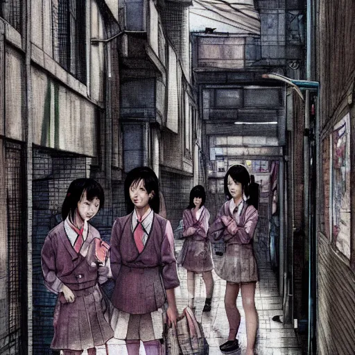 Image similar to a perfect, realistic professional digital sketch of a Japanese schoolgirls posing in a postcyberpunk alleyway, style of Marvel, full length, by pen and watercolor, by a professional American senior artist on ArtStation, a high-quality hollywood-style sketch, on high-quality paper