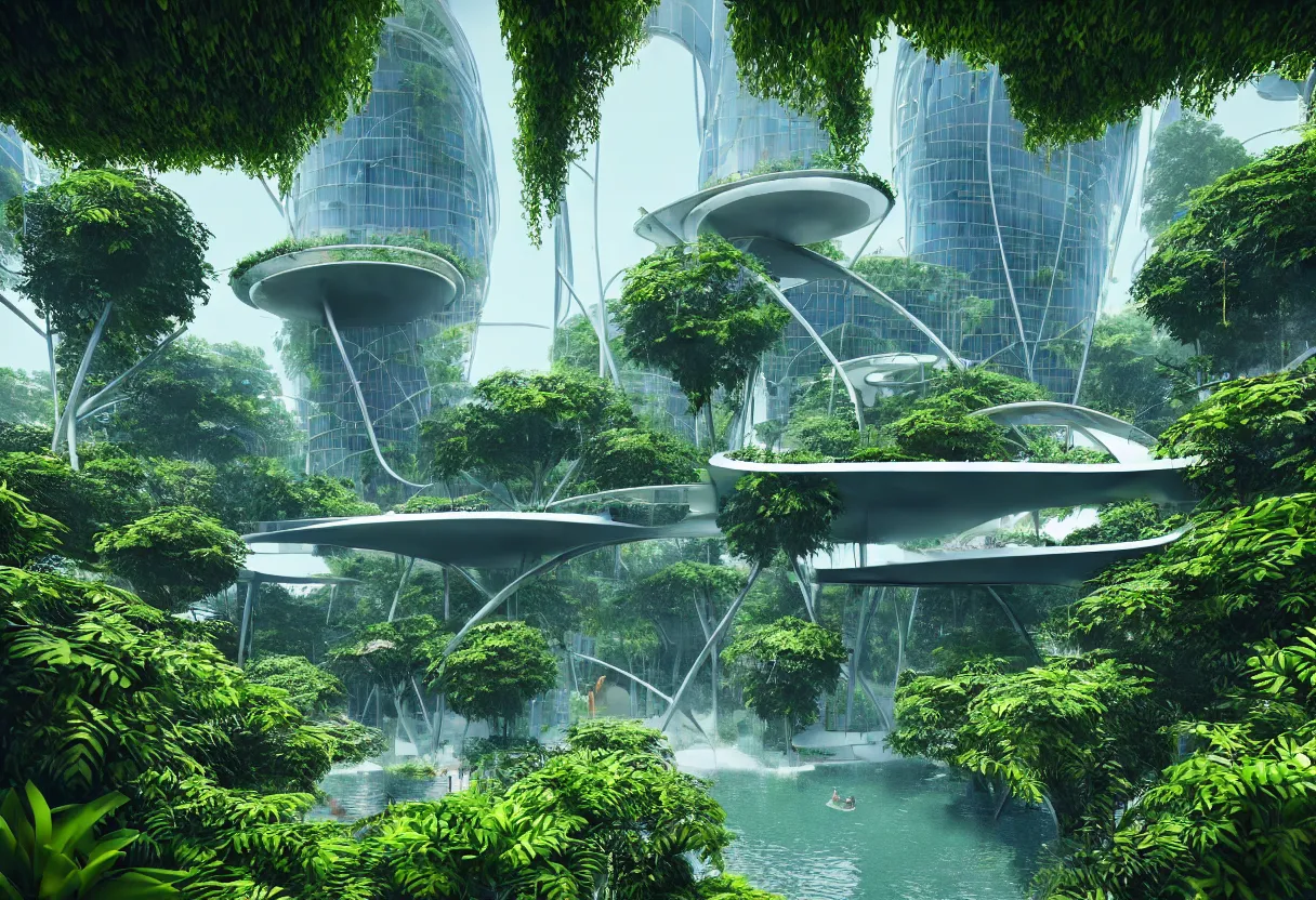 Prompt: futuristic architecture by norman foster, multi storey, connecting bridges, covered in lush foliage, surreal, ethereal bohemian garden, middle of gardens, cinematic shot, central square water feature, building inside the water, unreal engine, photorealistic, octane render