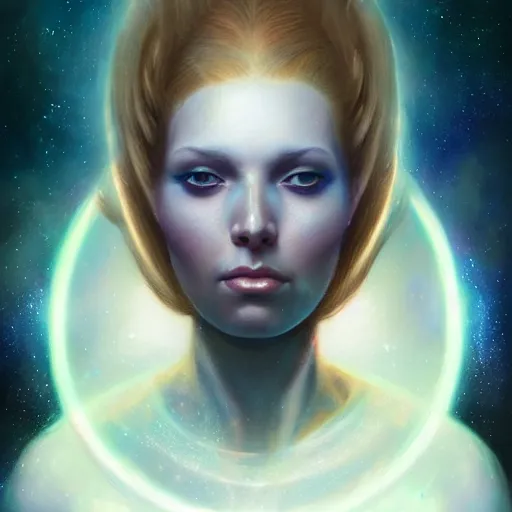 Image similar to a beautiful portrait of a galaxy goddess by Jim Burns and Tom Bagshaw, Trending on Artstation, nebula background
